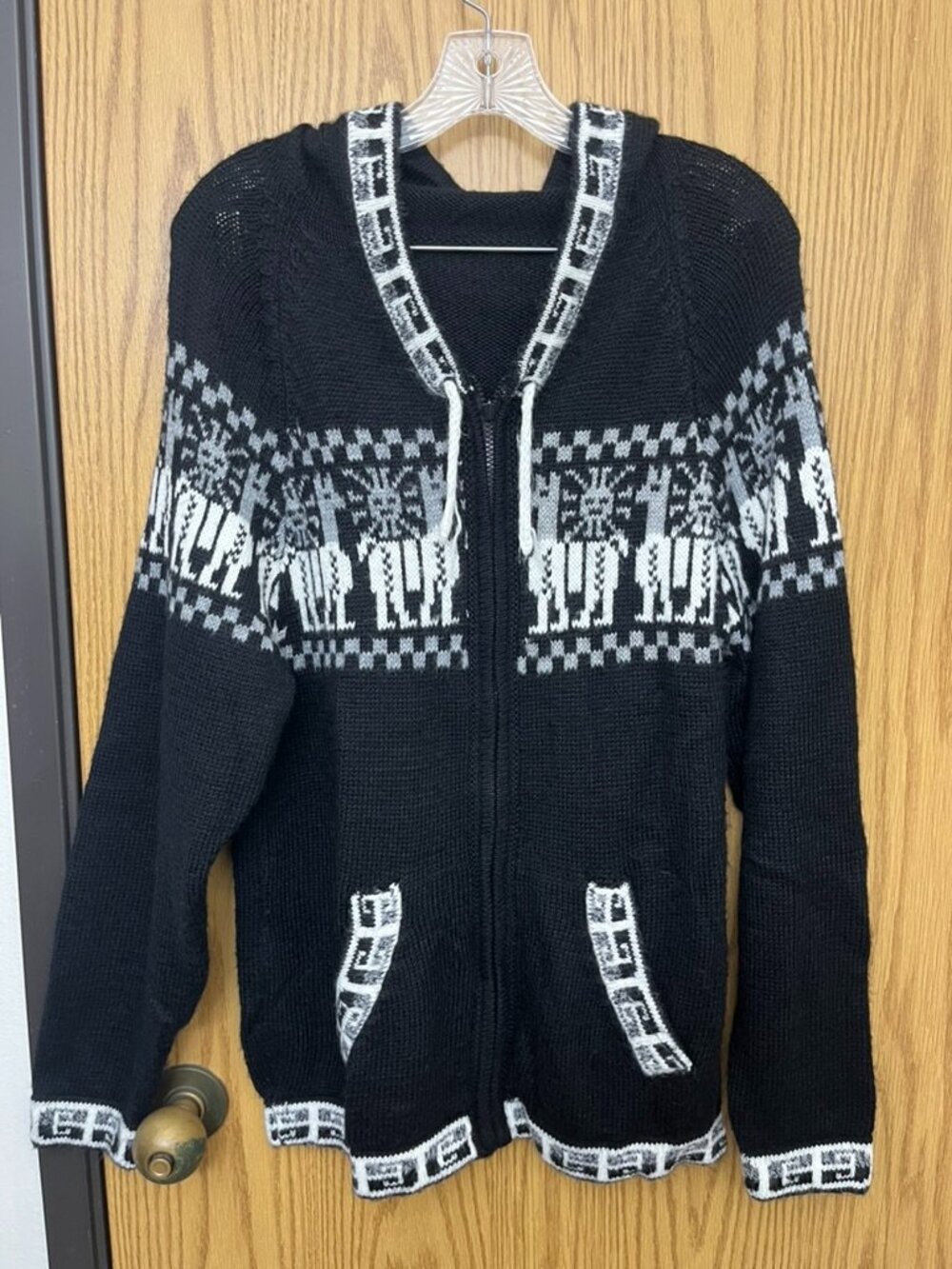 Handmade Peruvian Black White Alpaca Knitted Jacket